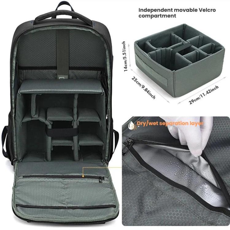 Mochila fotográfica QISEMIAN con inserto extraíble, zona de separación para ropa seca y húmeda, divisores personalizables para cámaras y portátil de 16 pulgadas.