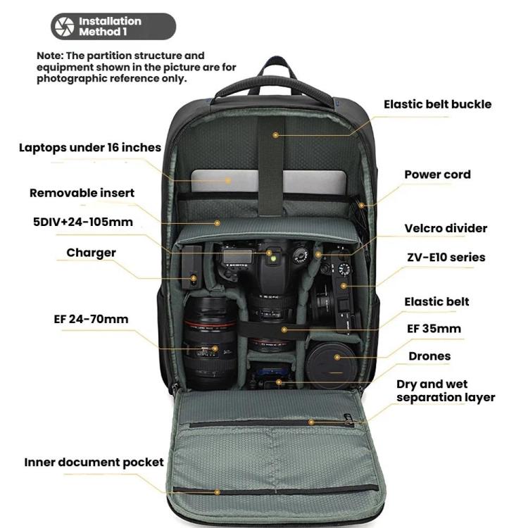 Mochila fotográfica QISEMIAN con inserto extraíble, zona de separación para ropa seca y húmeda, divisores personalizables para cámaras y portátil de 16 pulgadas.