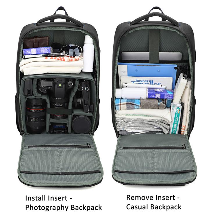 Mochila fotográfica QISEMIAN con inserto extraíble, zona de separación para ropa seca y húmeda, divisores personalizables para cámaras y portátil de 16 pulgadas.