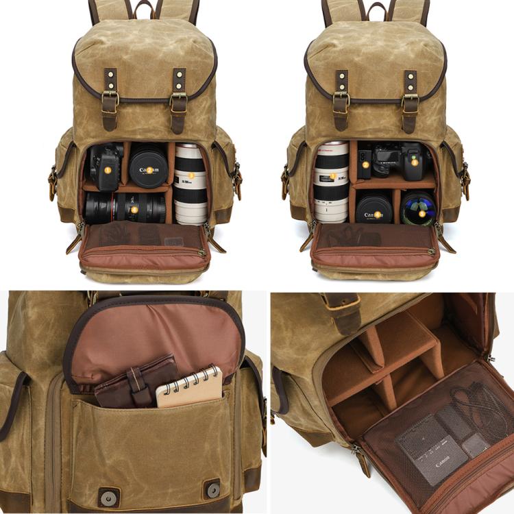 Mochila fotográfica retro de lona encerada con doble correa para cámara sin espejo y portátil.