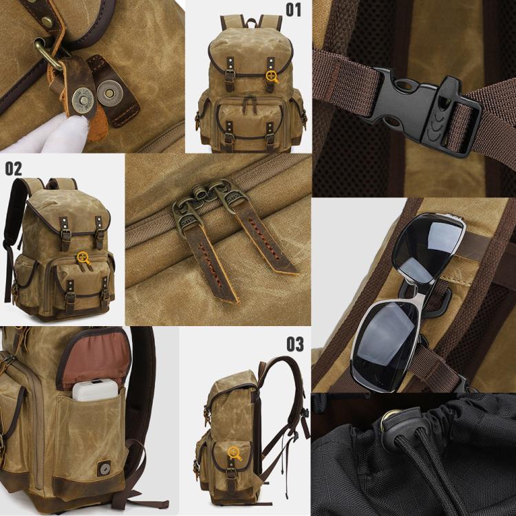 Mochila fotográfica retro de lona encerada con doble correa para cámara sin espejo y portátil.