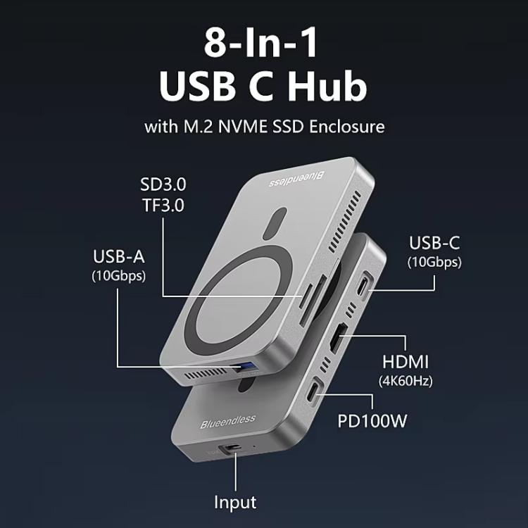 Base magnética 8 en 1, carcasa para SSD NVMe y concentrador USB 3.2, MC806