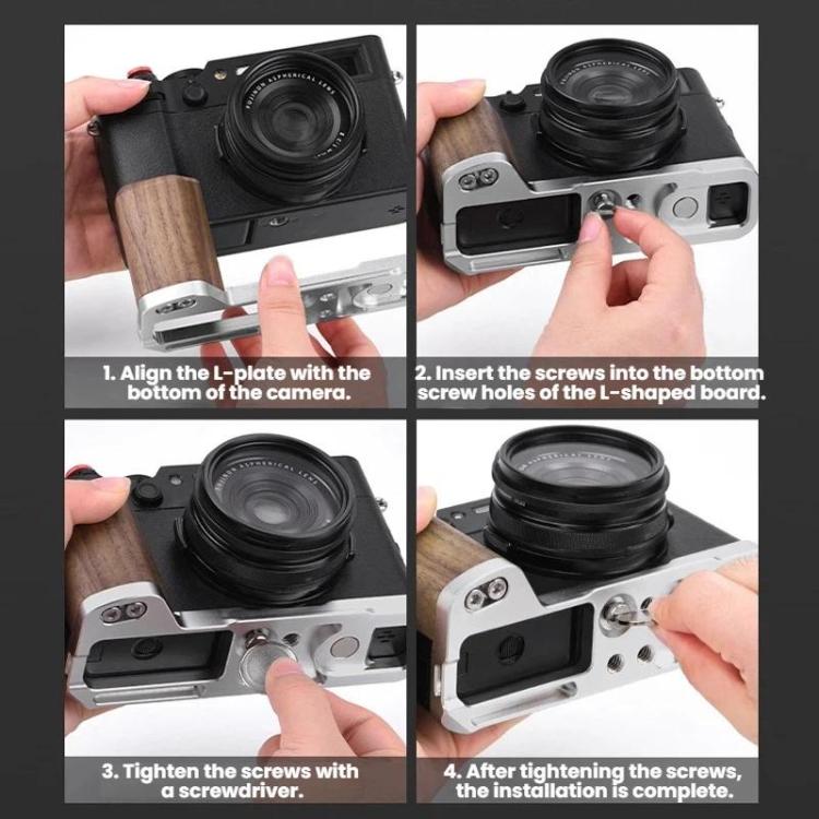 Empuñadura en forma de L Flymile para cámara Fujifilm X100VI con soporte para reposapulgar de zapata fría, For Fujifilm X100VI Silver Walnut, For Fujifilm X100VI Black Ebony