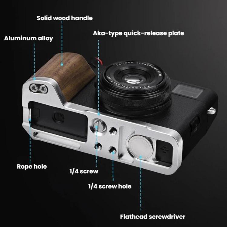 Empuñadura en forma de L Flymile para cámara Fujifilm X100VI con soporte para reposapulgar de zapata fría, For Fujifilm X100VI Silver Walnut, For Fujifilm X100VI Black Ebony