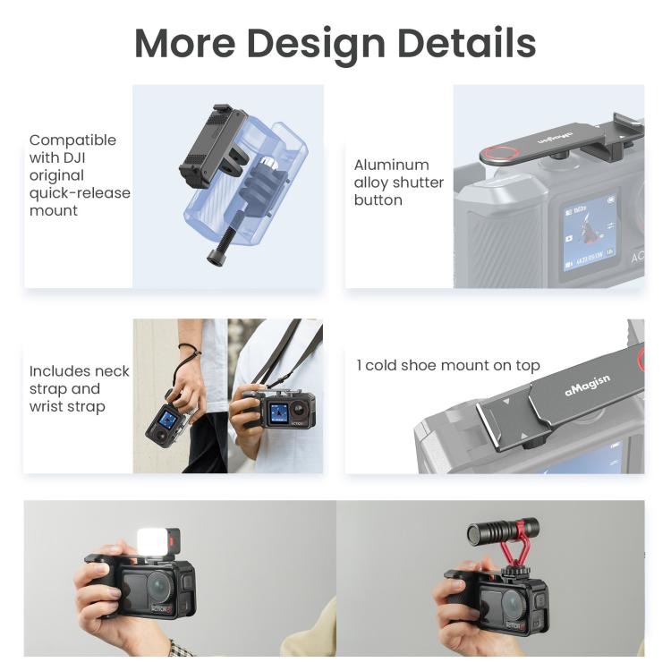 Empuñadura Magisn para fotografía callejera para DJI Action 5 Pro/Action 4/Action 3, compatible con la jaula original de la cámara., Plastic Version, Metal Black, Metal Gray
