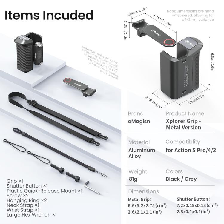 Empuñadura Magisn para fotografía callejera para DJI Action 5 Pro/Action 4/Action 3, compatible con la jaula original de la cámara., Plastic Version, Metal Black, Metal Gray