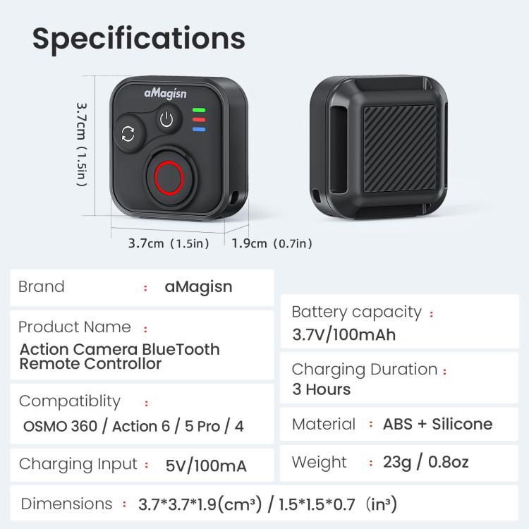Disparador remoto Bluetooth aMagisn para DJI Osmo Action 6/Action 5 Pro/Action 4/Osmo 360, AA28