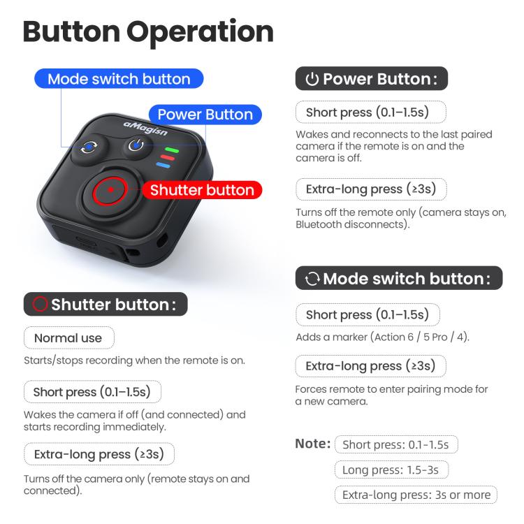 Disparador remoto Bluetooth aMagisn para DJI Osmo Action 6/Action 5 Pro/Action 4/Osmo 360, AA28