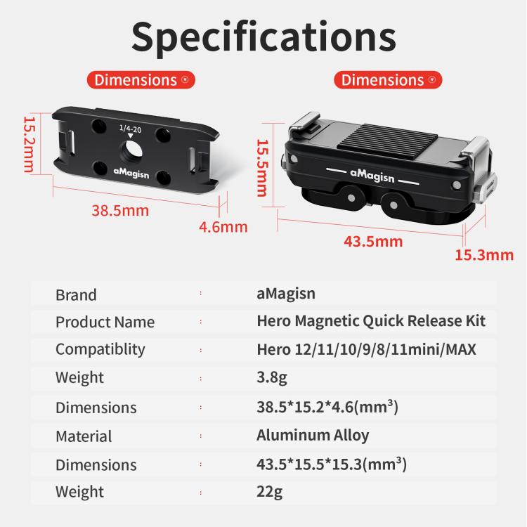 Kit de liberación rápida magnética de metal aMagisn para GoPro HERO12 Black /11 Black /11 Black mini /10 Black /9 Black /8 Black / Max