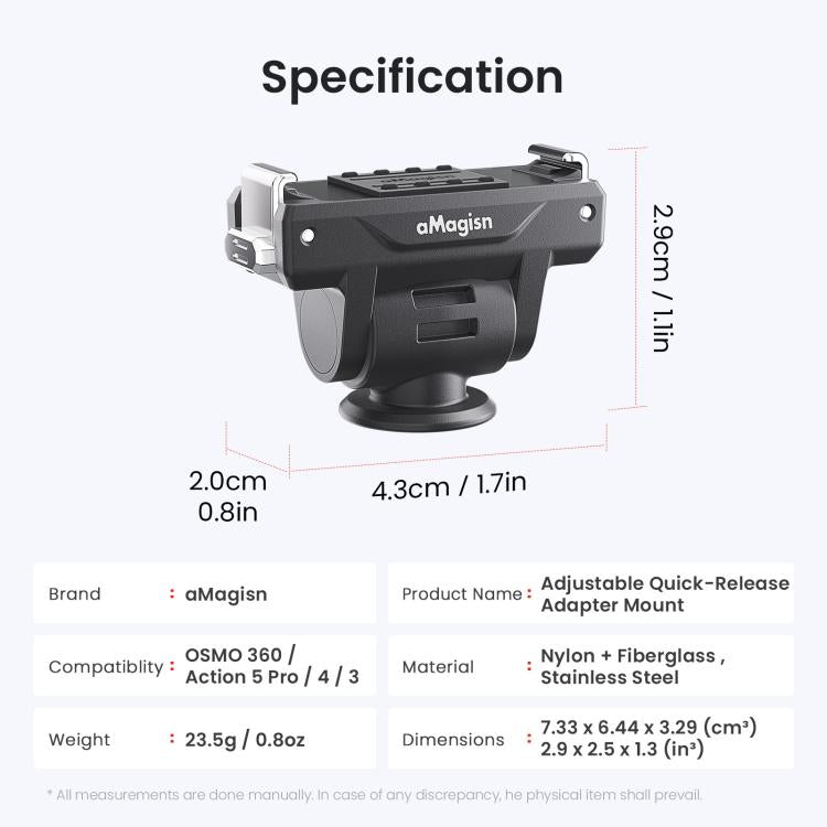 Adaptador de liberación rápida ajustable AMagisn para DJI Osmo 360/Action 5 Pro/4/3 - Interruptor de perspectiva rápida de 4 niveles, PD15