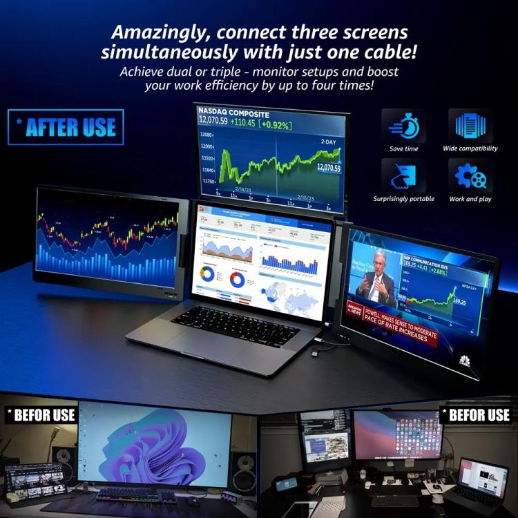 Pantalla de extensión para portátil con conexión de un solo cable y triple pantalla, resolución 1080p., 14 inch, 15.6 inch