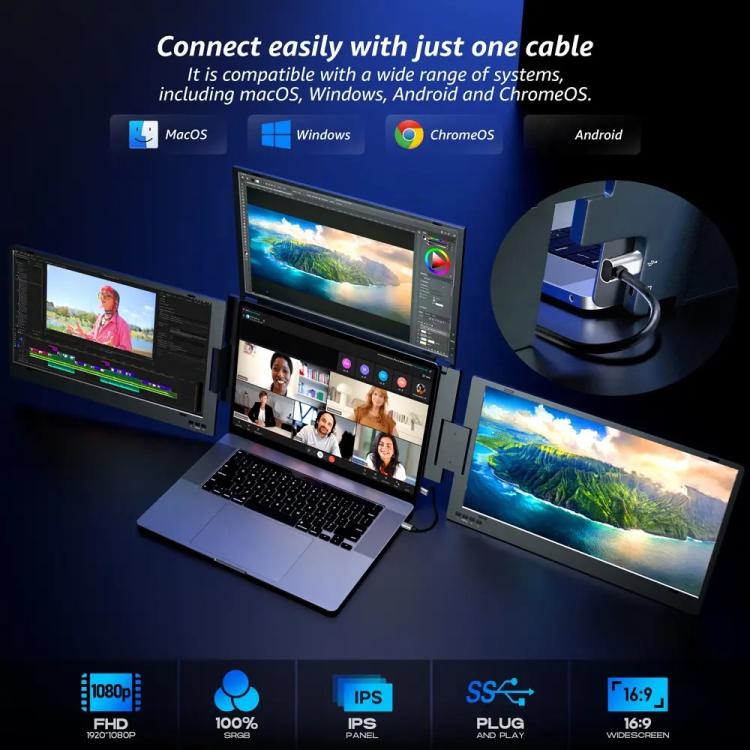 Pantalla de extensión para portátil con conexión de un solo cable y triple pantalla, resolución 1080p., 14 inch, 15.6 inch