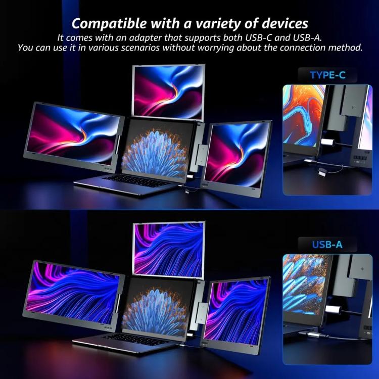 Pantalla de extensión para portátil con conexión de un solo cable y triple pantalla, resolución 1080p., 14 inch, 15.6 inch