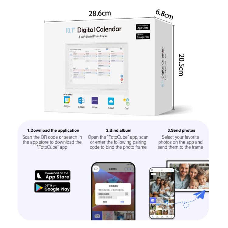 Calendario digital inteligente WiFi de 10,1 pulgadas con pantalla táctil y control mediante aplicación., EU Plug, US Plug, UK Plug, AU Plug