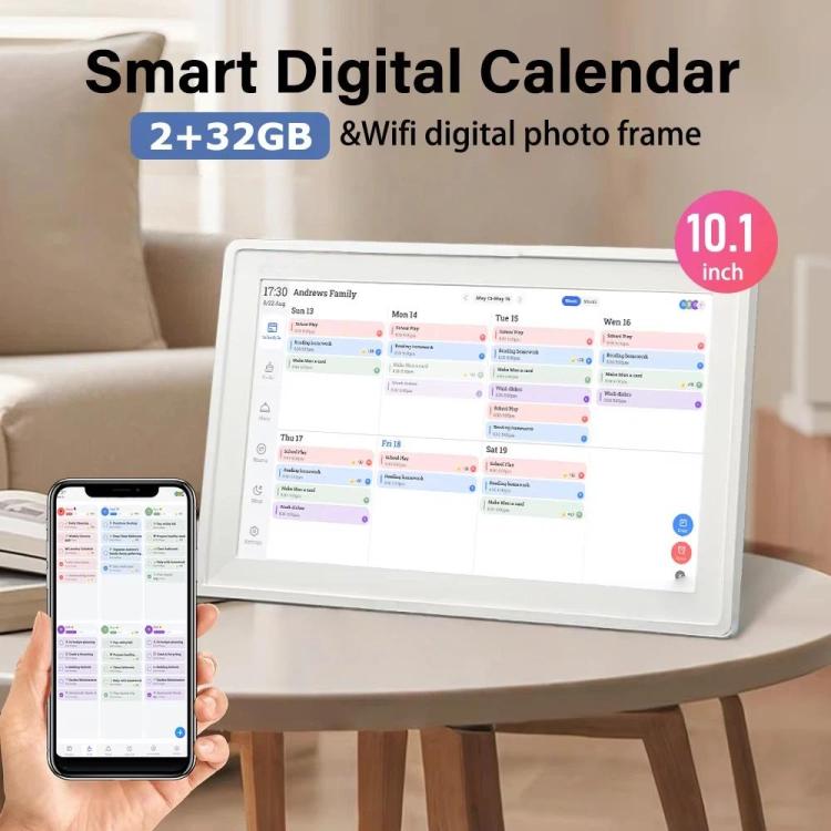 Calendario digital inteligente WiFi de 10,1 pulgadas con pantalla táctil y control mediante aplicación., EU Plug, US Plug, UK Plug, AU Plug