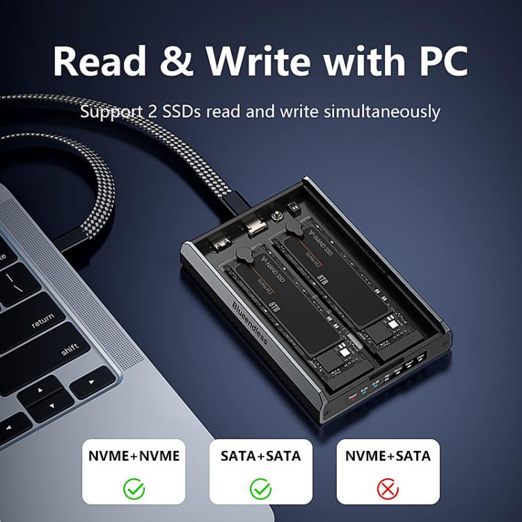 Carcasa para discos M.2 NVMe/SATA RAID de doble protocolo, carcasa portátil para SSD con copia sin conexión a 20 Gbps, DB280A3