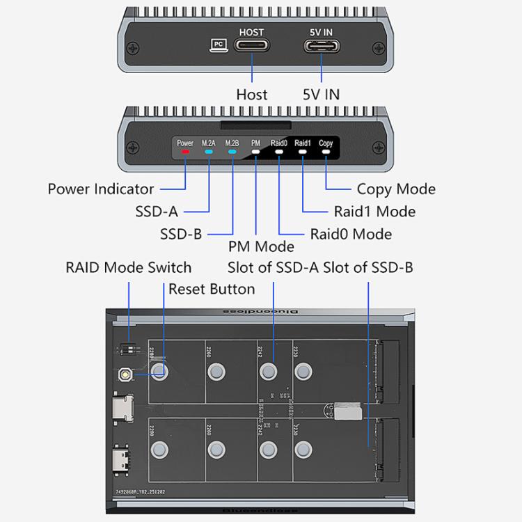Carcasa para discos M.2 NVMe/SATA RAID de doble protocolo, carcasa portátil para SSD con copia sin conexión a 20 Gbps, DB280A3