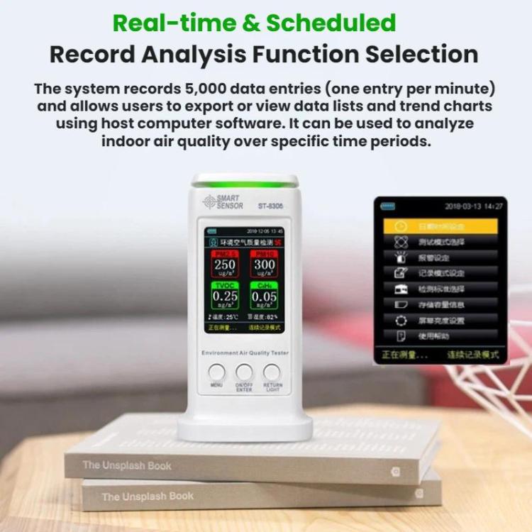 Detector de alarma de calidad del aire ambiental recargable SMART SENSOR para formaldehído, ST8306
