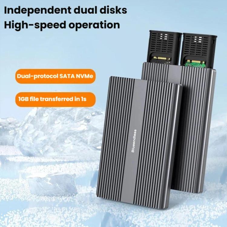 Carcasa portátil para disco duro con lector externo M.2 de doble bahía, Blueendless M2836SN M.2 SATA / NVMe, Blueendless M2826N M.2 NVMe x 2, Blueendless M2826SN M.2 NVMe+SATA, Blueendless M2826S M.2 SATA x 2
