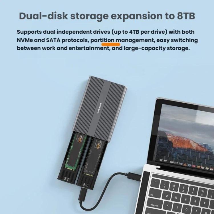Carcasa portátil para disco duro con lector externo M.2 de doble bahía, Blueendless M2836SN M.2 SATA / NVMe, Blueendless M2826N M.2 NVMe x 2, Blueendless M2826SN M.2 NVMe+SATA, Blueendless M2826S M.2 SATA x 2