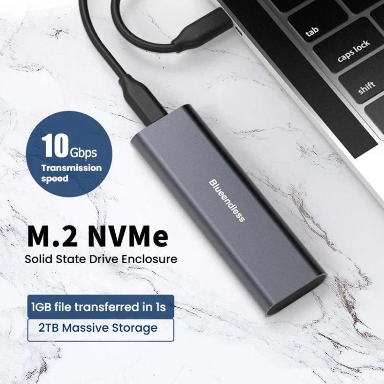 Carcasa portátil para disco duro NVMe Blueendless 2802N de aleación de aluminio con lector de SSD M.2 con cierre de tornillo, With USB+Type-C Cable, With USB Cable