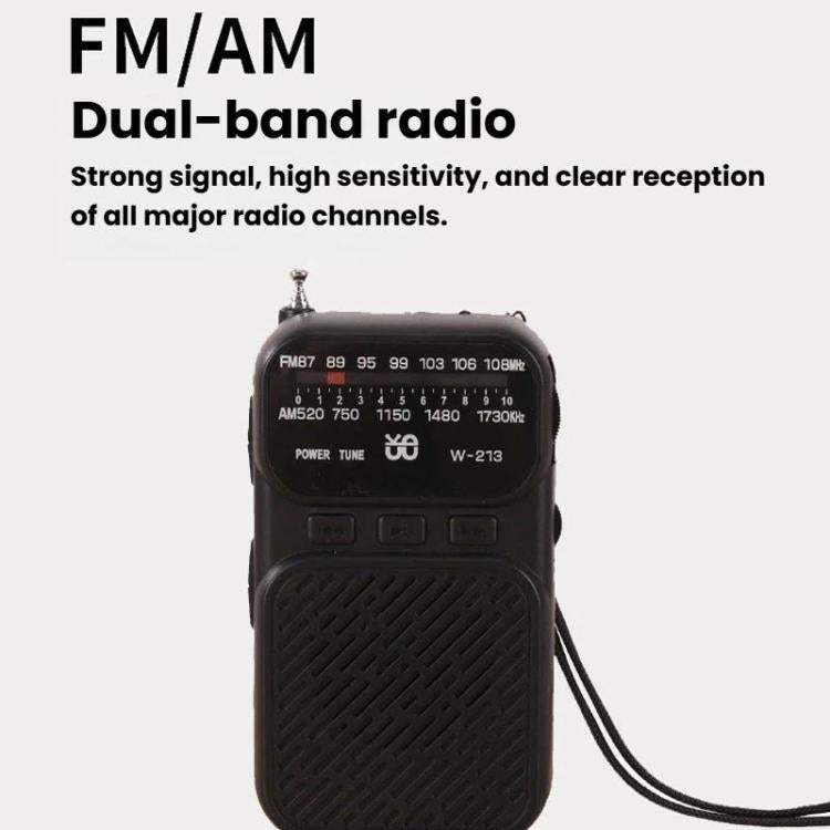 Radio portátil W-213 FM/AM con puntero y doble alimentación, con clip y linterna.
