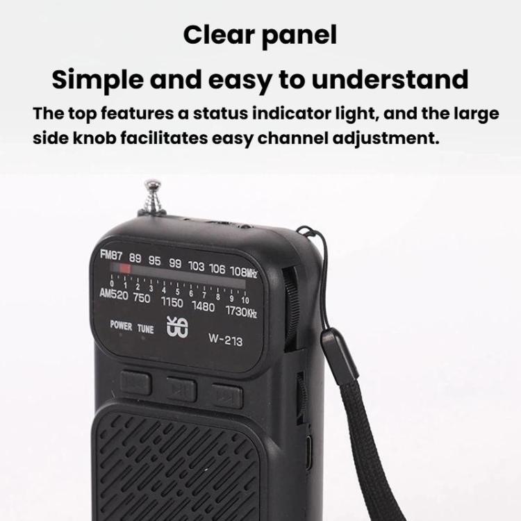 Radio portátil W-213 FM/AM con puntero y doble alimentación, con clip y linterna.