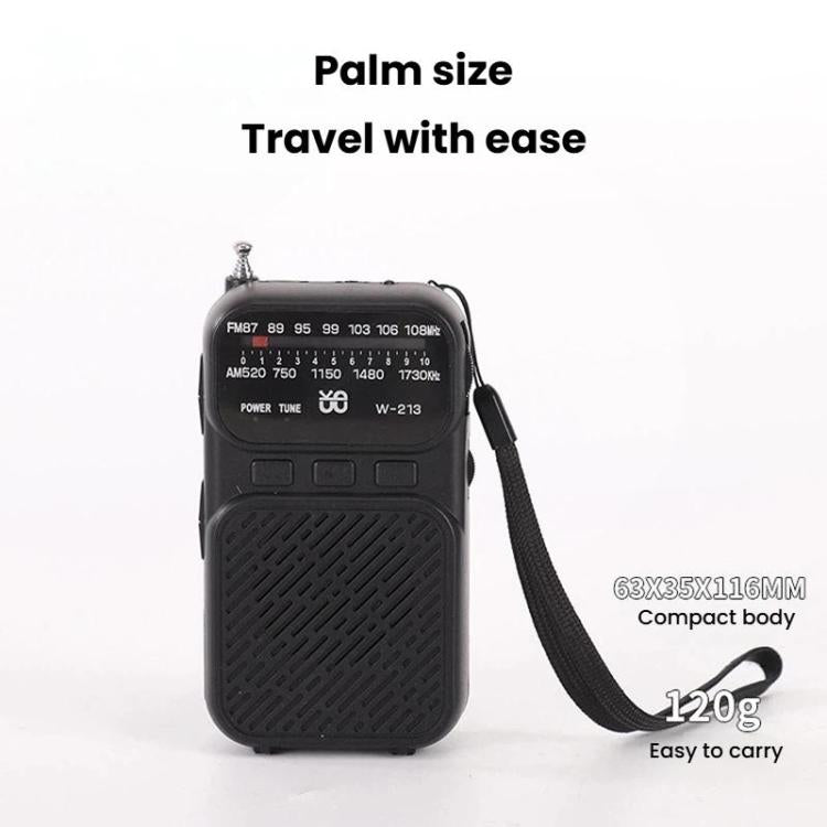 Radio portátil W-213 FM/AM con puntero y doble alimentación, con clip y linterna.