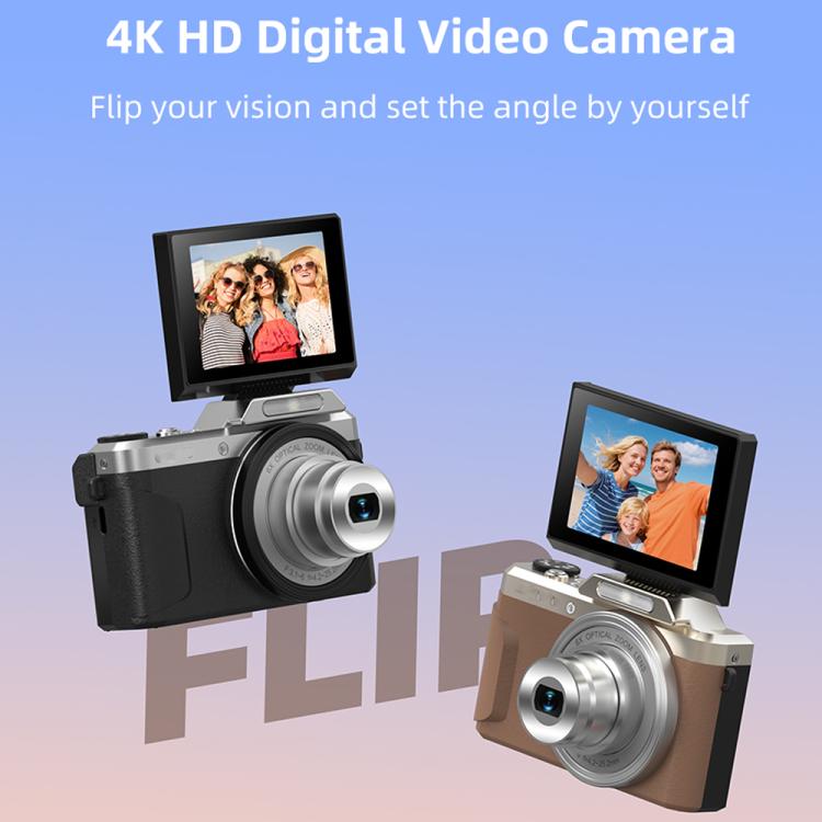 Cámara para vlogging D27 4K, 64 MP, zoom óptico de 6x, pantalla giratoria de 180 grados y conectividad WiFi., D27 Black, D27 Brown