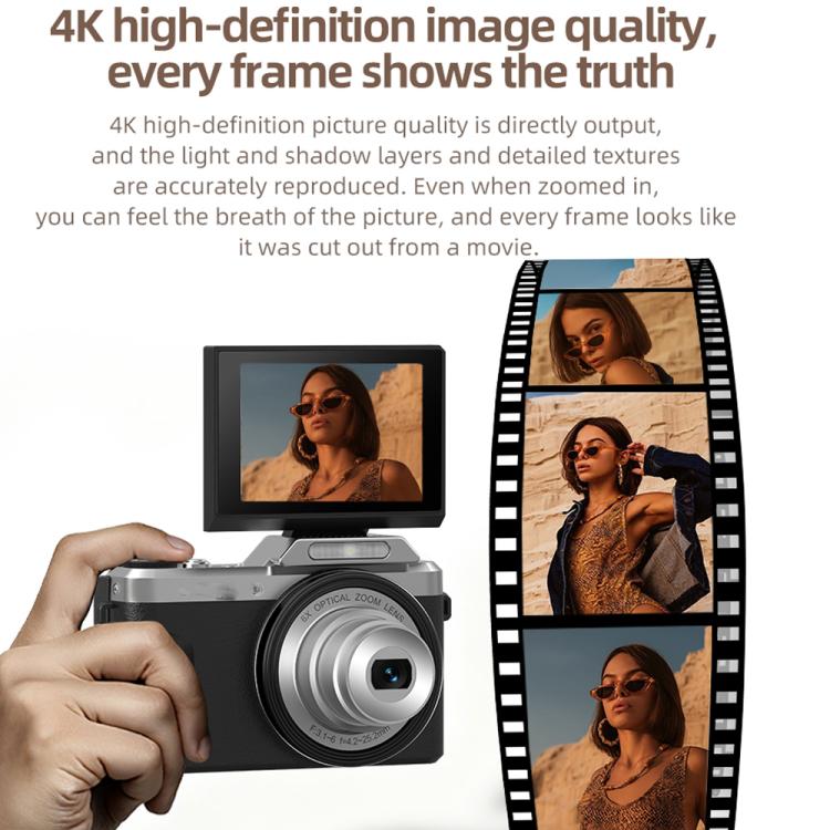 Cámara para vlogging D27 4K, 64 MP, zoom óptico de 6x, pantalla giratoria de 180 grados y conectividad WiFi., D27 Black, D27 Brown