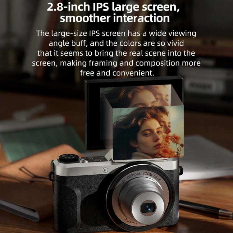 Cámara para vlogging D27 4K, 64 MP, zoom óptico de 6x, pantalla giratoria de 180 grados y conectividad WiFi., D27 Black, D27 Brown