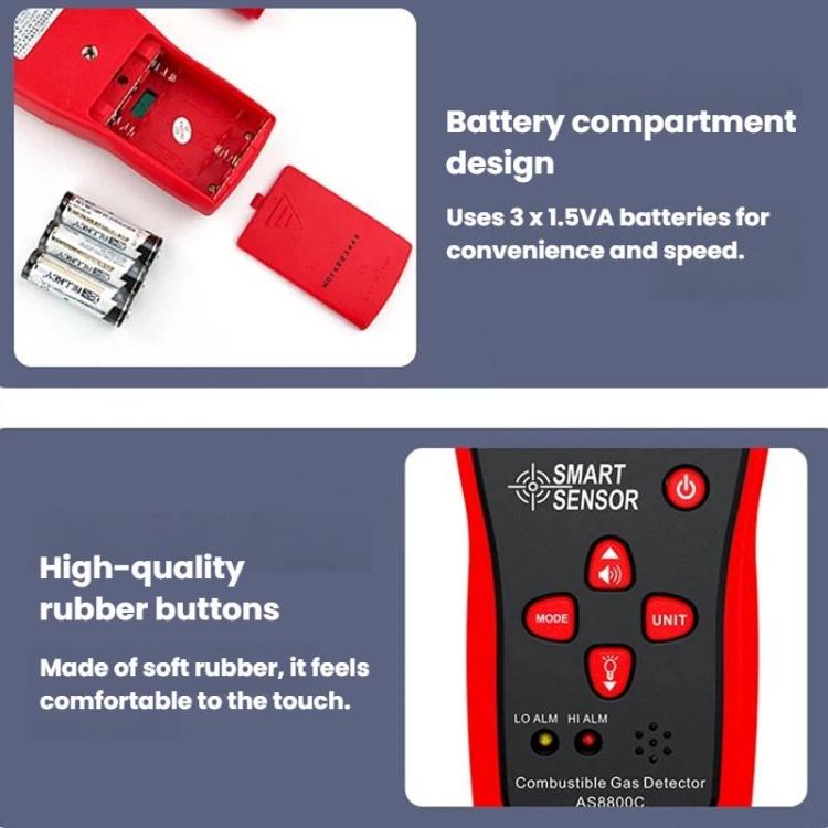 Detector de gas combustible portátil SMART SENSOR AS8800C con pantalla digital y alarma de alta precisión., AS8800C