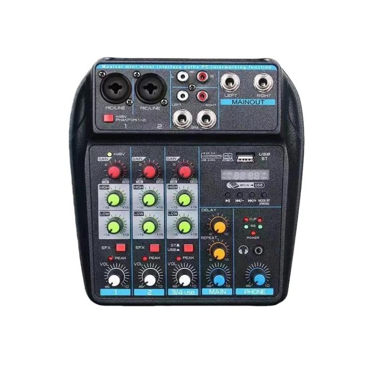 Mezclador D4 de 4 canales con reverberación, escenario y mezclador de audio para transmisión en vivo.