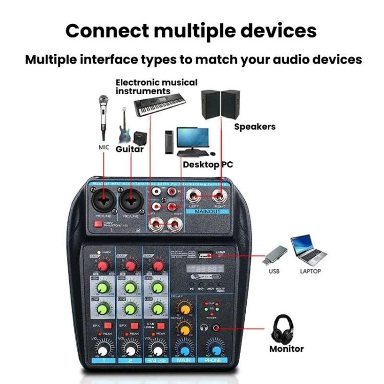 Mezclador D4 de 4 canales con reverberación, escenario y mezclador de audio para transmisión en vivo.