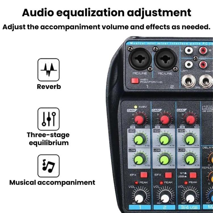 Mezclador D4 de 4 canales con reverberación, escenario y mezclador de audio para transmisión en vivo.