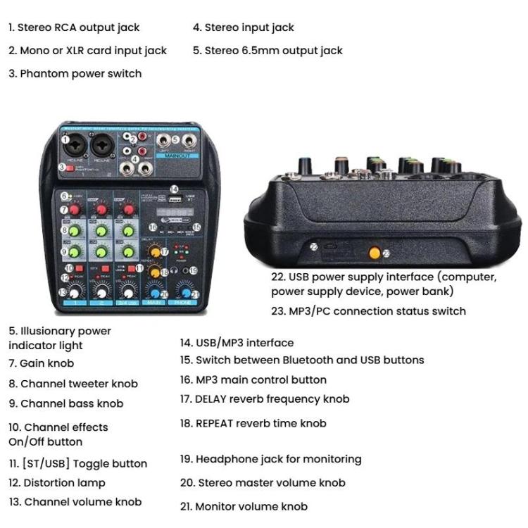 Mezclador D4 de 4 canales con reverberación, escenario y mezclador de audio para transmisión en vivo.