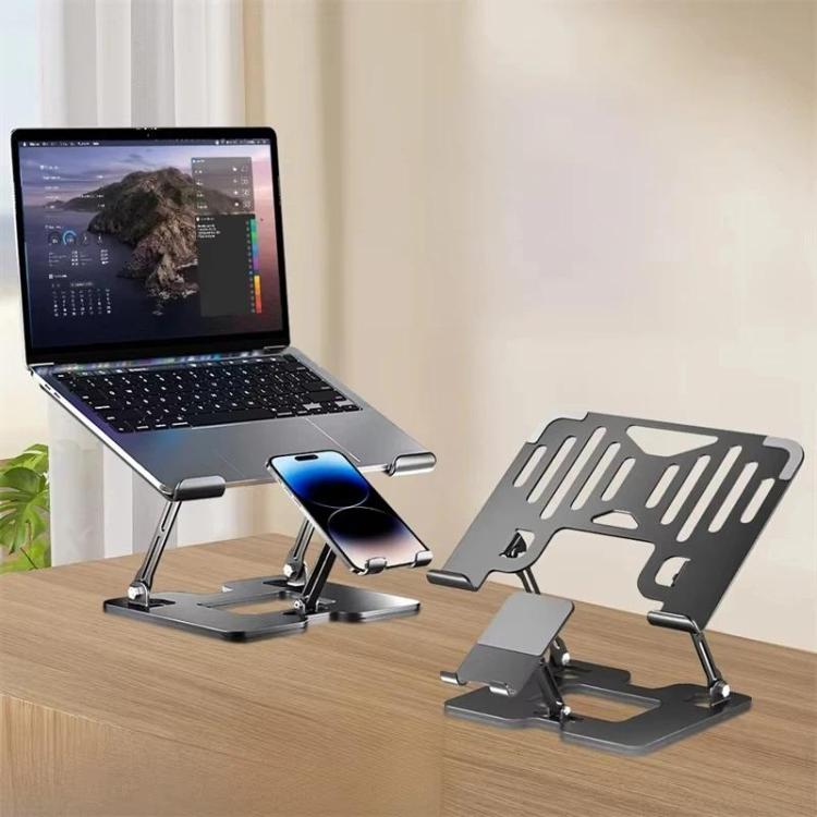 Elevador plegable del soporte de la tableta del ordenador portátil 2-in-1 con el tenedor del teléfono, Strip Black, Strip Silver