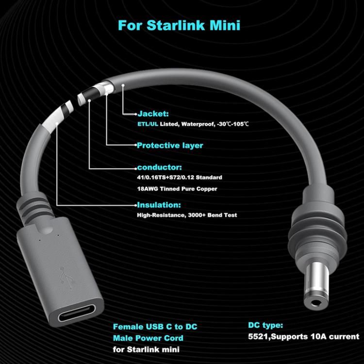 Cable de carga Starlink Mini 18AWG de 12 cm con conector USB-C hembra PD a DC de 5,5 x 2,1 mm. Admite entrada de 20 V, 5 A y 100 W., USB-C Female To DC 5.5 x 2.1mm