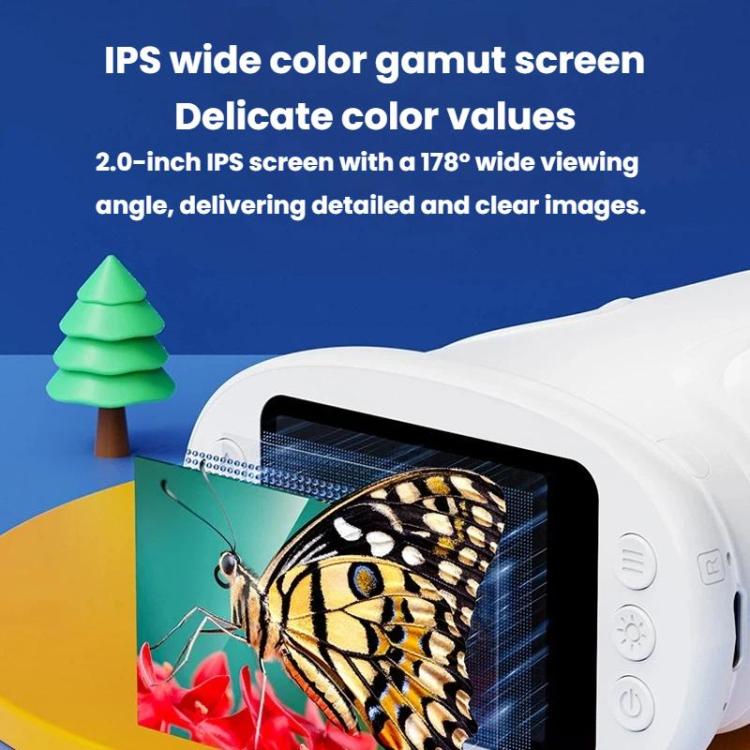 Microscopio digital portátil IPS de 2 pulgadas para niños, con enfoque manual y luz.