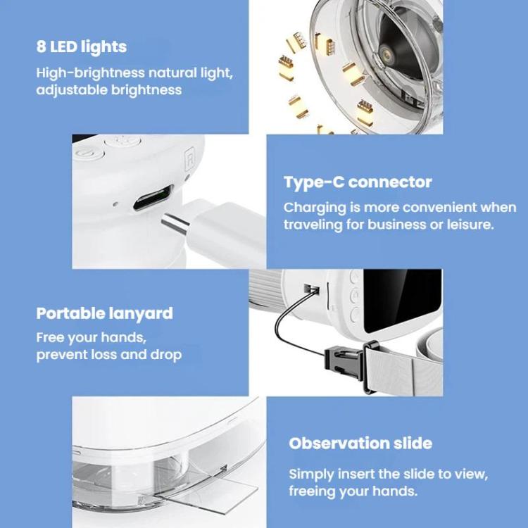 Microscopio digital portátil IPS de 2 pulgadas para niños, con enfoque manual y luz.