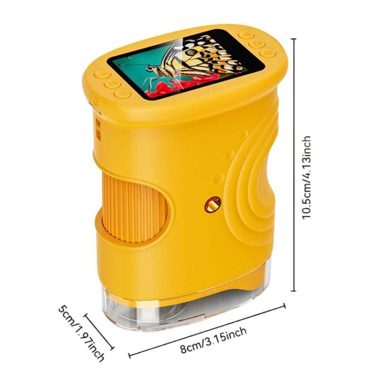 Microscopio digital portátil IPS de 2 pulgadas para niños, con enfoque manual y luz.