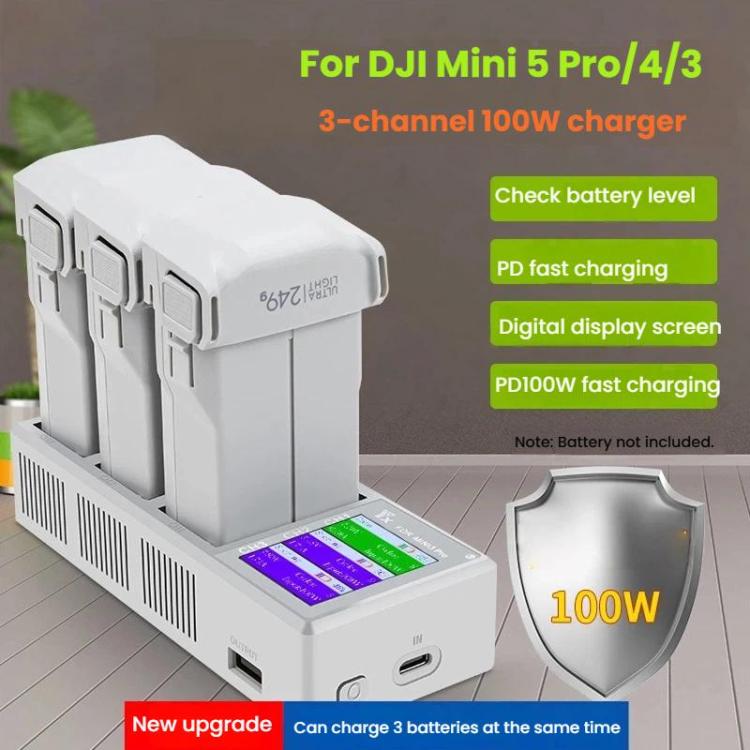 Centro de carga YX de 100 W con 3 bahías y pantalla LCD para DJI Mini 5 Pro/4/3 con estación de carga rápida con pantalla a color