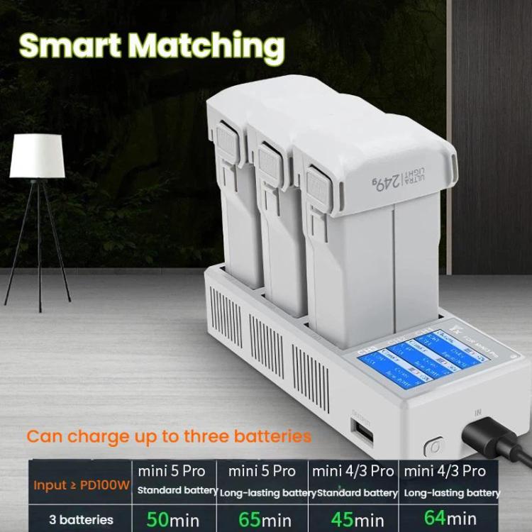 Centro de carga YX de 100 W con 3 bahías y pantalla LCD para DJI Mini 5 Pro/4/3 con estación de carga rápida con pantalla a color