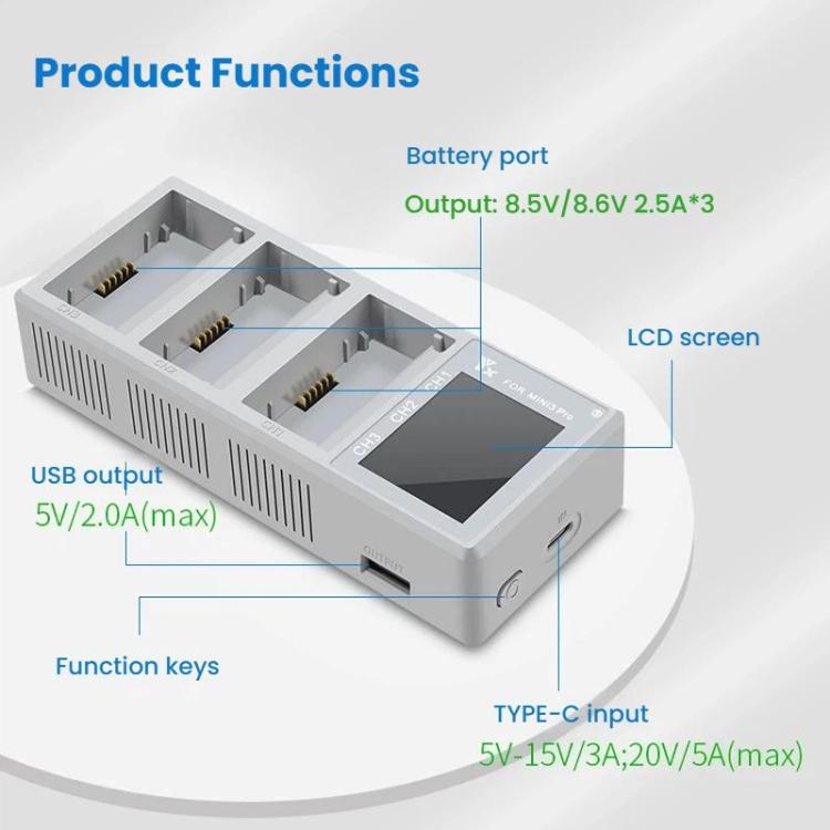 Centro de carga YX de 100 W con 3 bahías y pantalla LCD para DJI Mini 5 Pro/4/3 con estación de carga rápida con pantalla a color