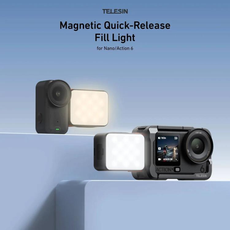 Para DJI Osmo Action 6 / Nano, luz de relleno magnética de liberación rápida TELESIN con doble temperatura de color y 25 LED.