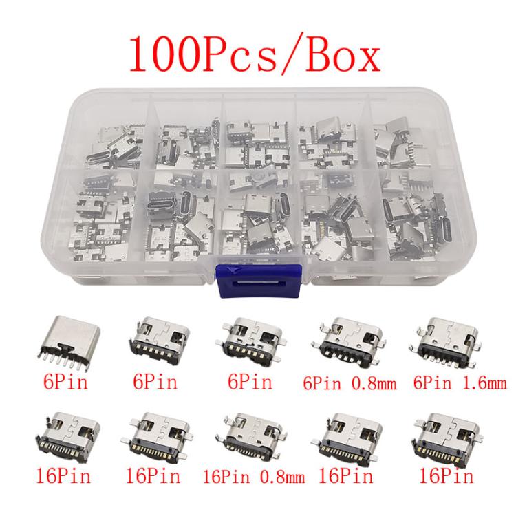 100 unidades/caja de conectores hembra USB tipo C surtidos, 10 variantes de 6P/16P SMT y de orificio pasante, USB 3.1 de carga rápida.