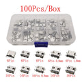 100 unidades/caja de conectores hembra USB tipo C surtidos, 10 variantes de 6P/16P SMT y de orificio pasante, USB 3.1 de carga rápida.
