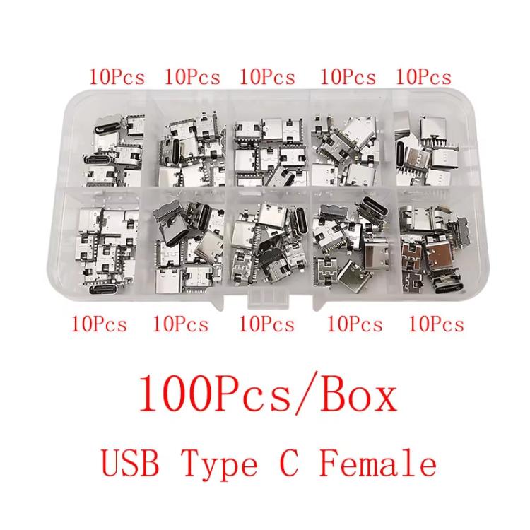 100 unidades/caja de conectores hembra USB tipo C surtidos, 10 variantes de 6P/16P SMT y de orificio pasante, USB 3.1 de carga rápida.