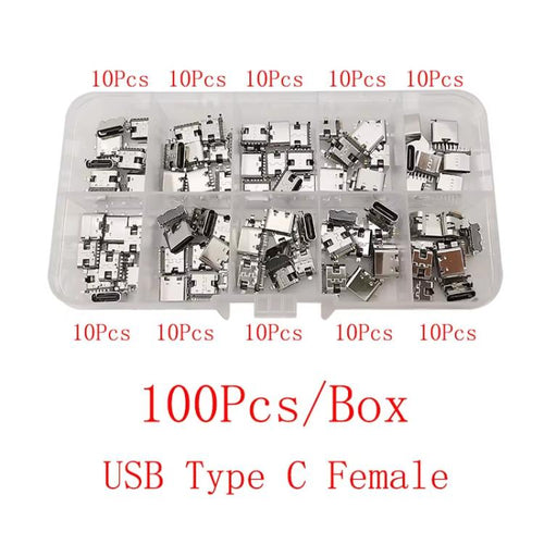 100 unidades/caja de conectores hembra USB tipo C surtidos, 10 variantes de 6P/16P SMT y de orificio pasante, USB 3.1 de carga rápida.