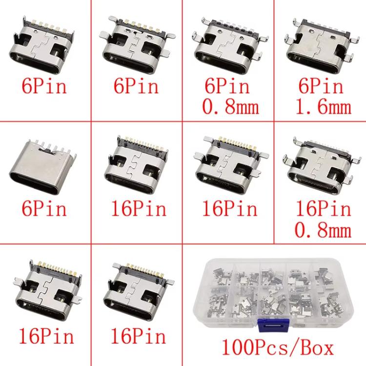100 unidades/caja de conectores hembra USB tipo C surtidos, 10 variantes de 6P/16P SMT y de orificio pasante, USB 3.1 de carga rápida.